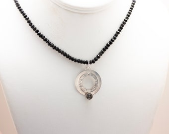 Sterling Silver Black Rutilated Quartz Pendant on Faceted Black Spinel Necklace
