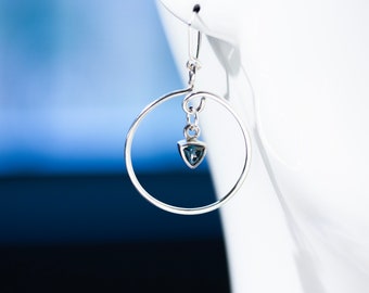 Sterling Silver 1 1/8" Hand Fabricated Hoops with London Blue Topaz Trillion Dangles on Sterling Ear Wires