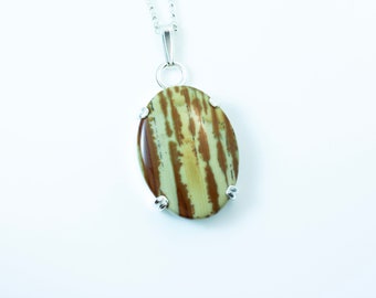 Oval Prong Set Owyhee Jasper Pendant on Adjustable Length Sterling Rolo Chain - OOAK