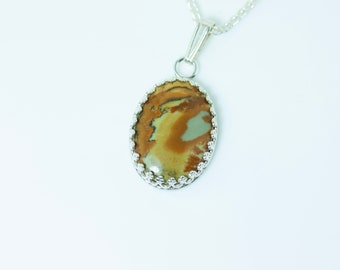 Oval Crown Bezel Set Owyhee Jasper Pendant on Sterling Wheat Chain - OOAK