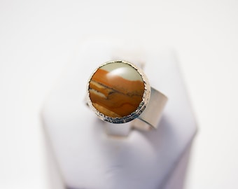 Sterling Silver Round Owhyee Landscape Jasper Cabochon Ring - OOAK