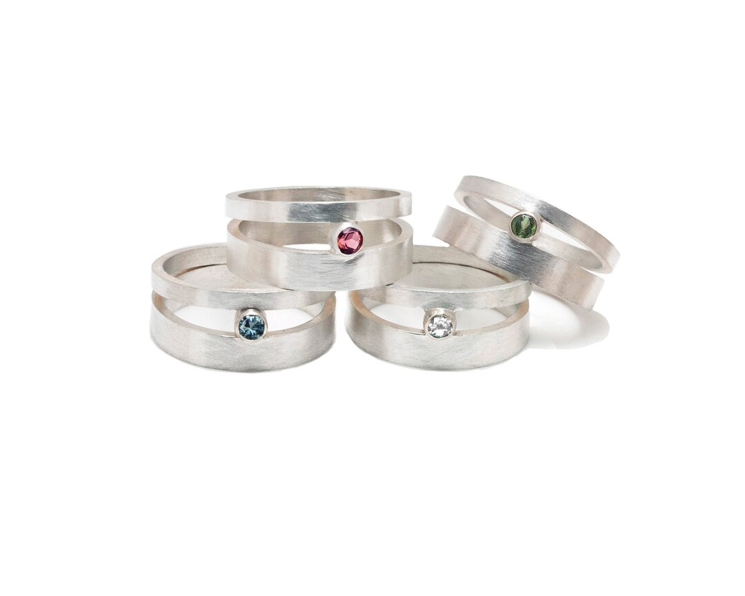Sterling Silver Brushed Matte Orbit Ring With Tourmaline or White Topaz ...