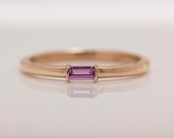 14k Yellow Gold Minimalist Stack Ring with Faceted Pink Sapphire Baguette Size 7 - Ready to Ship