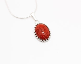 Oval Crown Bezel Set Red Agate Scarab Pendant on Snake Chain - OOAK