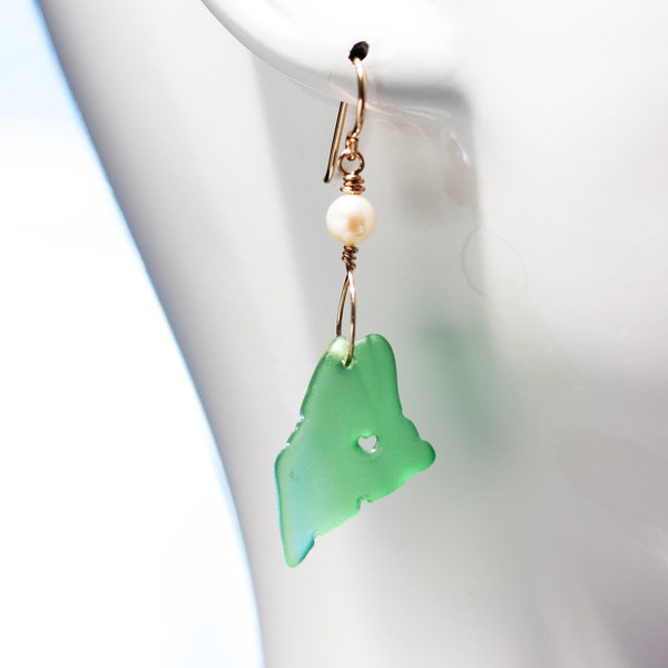 14k Gold Filled Green Sea Glass Earrings in the Shape of Maine with a Heart Cutout and Pearl on Ear Wires