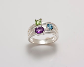 Sterling Silver Multi Stone Ring with Amethyst, Peridot, and Blue Topaz - Size 7 OOAK