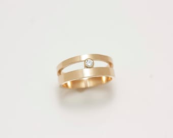 14k Gold Brushed Matte Double Orbit Ring with Conflict-Free Diamond set in 14k Gold