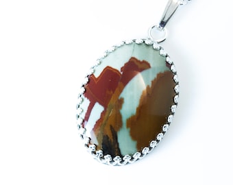 Oval Crown Bezel Set Rocky butte Jasper Pendant on Adjustable Rolo Chain - OOAK