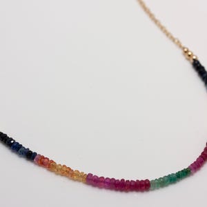 May include: A delicate necklace featuring a gold chain and a strand of colorful gemstones. The gemstones are arranged in a gradient of colors, including red, pink, green, yellow, orange, and blue. The necklace is a stylish accessory.