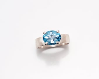 Sterling Silver Prong Set Faceted Sky Blue Topaz Solitaire Ring on Polished Band