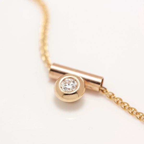 Minimalist 14k Gold Tube Bezel Set Diamond Pendant Necklace