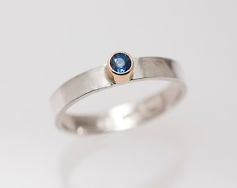 Sterling Silver Brushed Matte Stack Ring with Tourmaline or Sapphire set in 14k Gold