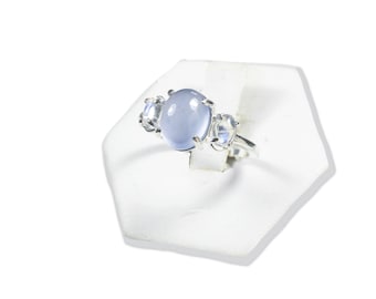 Sterling Silver Oval Blue Chalcedony Cabochon with Side Rainbow Moonstones -  Size 7