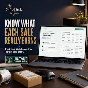 May include: A laptop displaying the GlowDesk Reseller Profit Workbook, a digital spreadsheet for tracking sales, fees, and inventory. The screen shows tables for profit by platform and inventory aging. Text reads: KNOW WHAT EACH SALE REALLY EARNS.