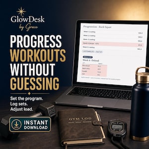 May include: A laptop displaying a workout progression chart, a brown leather-bound Gym Log notebook, a black dumbbell, a black stopwatch, and a dark blue metal water bottle. Text reads GlowDesk by Grace, PROGRESS WORKOUTS WITHOUT GUESSING.