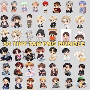 May include: A digital collection of 80 Tiny Tan PNG stickers featuring various chibi-style characters in diverse outfits, poses, and accessories. The characters display different hair colours and expressions, with the text 80 TINY TAN PNG BUNDLE.
