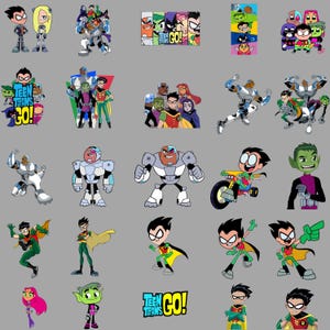 Può includere: Una collezione di adesivi dei personaggi di Teen Titans Go! con Robin, Starfire, Beast Boy, Raven e Cyborg in varie pose e gruppi. Le illustrazioni colorate includono il logo Teen Titans Go! in blu e giallo.