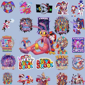 以下が含まれることがあります： The Amazing Digital Circusのキャラクターやロゴが描かれたカラフルなステッカーのコレクション。道化師のようなキャラクター、ウサギ、サーカスをテーマにしたグラフィックのイラストが、太字のテキストと鮮やかなマルチカラーのデザインで表現されています。