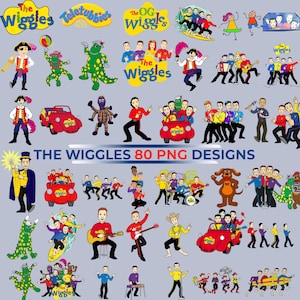 May include: A collection of 80 digital PNG designs featuring The Wiggles characters, including Dorothy the Dinosaur, Wags the Dog, and Henry the Octopus, shown in various poses, playing instruments, and riding in a red car, with the text THE WIGGLES 80 PNG DESIGNS.