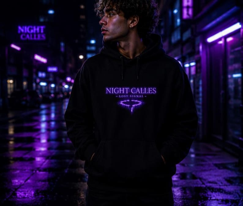Night Calles — Lost Signal Hoodie | Dark Luxury Streetwear | Purple Neon Gothic Unisex Hoodie