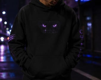 Sudadera con capucha gráfica gótica morada, jersey de estilo urbano oscuro, sudadera urbana cyberpunk.