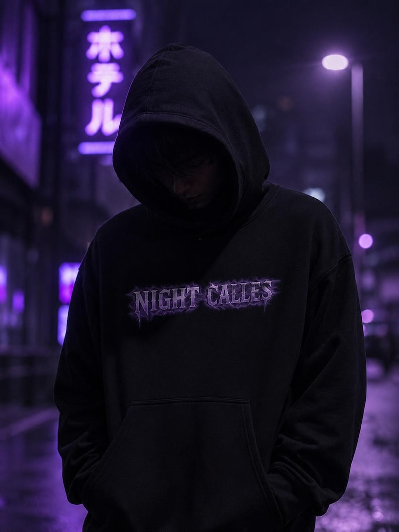Night Calls hoodie | Moon silhouette scene, purple gothic night graphic