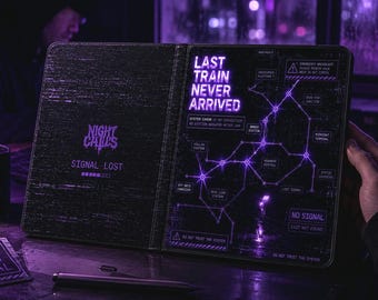 Funda tipo folio para tablet con mapa de transporte público estilo cyberpunk / Circuitos morado neón, diseño para desplazamientos urbanos.