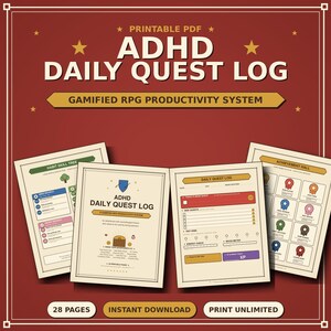 May include: A printable PDF titled "ADHD Daily Quest Log" with the tagline "Gamified RPG Productivity System." The image displays four pages with colourful designs and text. The bottom of the image states "28 Pages", "Instant Download", and "Print Unlimited."