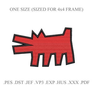 May include: A red embroidered dog design with black outlines on a white background. The text "ONE SIZE (SIZED FOR 4x4 FRAME)" is at the top. File type extensions are listed below the design: .PES .DST .JEF .VP3 .EXP .HUS .XXX .PDF.
