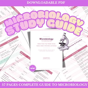 May include: A pink and white microbiology study guide with the title "Microbiology Study Guide" in bubble letters. The guide includes a microscope illustration and the text "57 Pages Complete Guide to Microbiology".