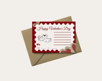Biglietto di San Valentino stampabile / Cartolina d'amore con cigno / Download digitale romantico