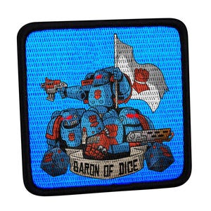 May include: A square embroidered patch with a bright blue background featuring three armored figures in blue and red suits with glowing red eyes. They hold a white flag with a red fist emblem and a banner at the bottom reading BARON OF DICE.
