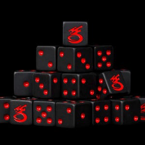 May include: A pyramid-shaped stack of matte black six-sided dice with vibrant red pips and a red dragon-like logo on one face of each die. The dice are arranged in a tiered formation against a solid black background, showcasing various numerical values.