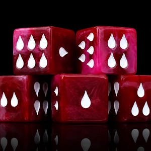 May include: A set of five translucent, deep red dice with a marbled texture. Each die face features white, teardrop-shaped pips instead of traditional numerical dots. The dice are arranged in a stacked formation against a solid black background.