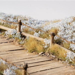 May include: A miniature diorama featuring a wooden boardwalk path constructed from horizontal planks. The path is bordered by a low fence made of thin wooden posts and twine, surrounded by patches of dry yellow grass and small white flowers.