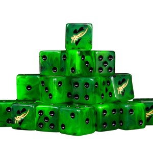 May include: A pyramid stack of translucent green dice with black pips and a gold-colored symbol on one face. The dice feature a marbled texture throughout the green material. The gold symbol resembles a stylized Japanese kanji character.