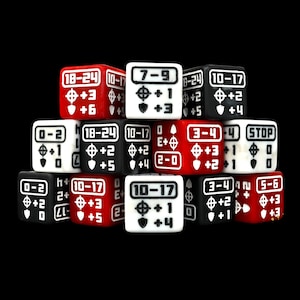 May include: A collection of twelve six-sided gaming dice in red, white, and black. Each face features printed numerical ranges, target symbols, shield icons, and plus-sign modifiers. The dice are arranged in a stacked formation against a black background.