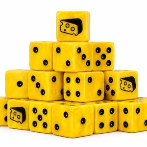 May include: A pyramid of yellow dice with black pips and a cheese icon. The dice are arranged in a triangular shape, with the cheese icon on the top die and on some of the other dice.
