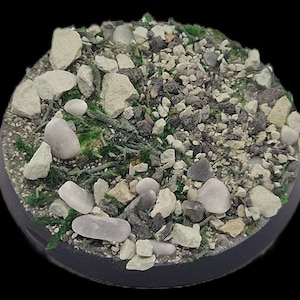 May include: A round, textured base for miniatures, featuring a mix of small rocks, gravel, and patches of green vegetation. The base is primarily gray and white, with a dark rim. Ideal for tabletop gaming.