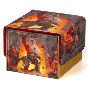 May include: A rectangular deck box featuring a vibrant illustration of bearded dwarves wielding axes in a stone hall with glowing orange light. The box has a textured exterior, a hinged lid with red trim, and tan side panels with visible stitching.