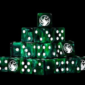 May include: A pyramid stack of dark green and black marbled dice with white pips. Several dice feature a white circular icon depicting a hand reaching toward a flame. The dice are arranged in a tiered formation against a solid black background.