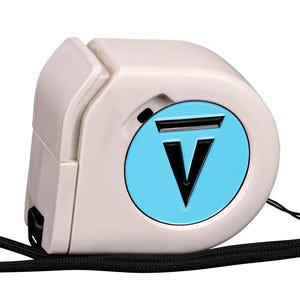 May include: A white, compact, handheld measuring tape device with a rounded, ergonomic shape. It features a circular light blue centre inlay displaying a prominent black letter V with a horizontal bar above it, and a black wrist lanyard attached.
