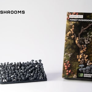 May include: A product shot features a tray of small, dark gray forest mushroom miniatures next to a box with the text "Basing Bits Forest Mushrooms." The box has a forest scene with mushrooms and the Gamers Grass logo.