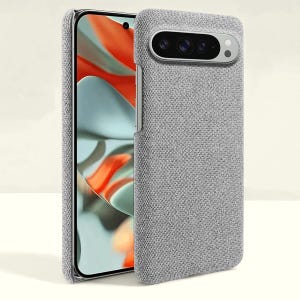 May include: A light gray phone case with a textured fabric finish. The case is open, revealing the phone's screen with a colorful abstract background. The case has a camera cutout and a silver-colored frame.