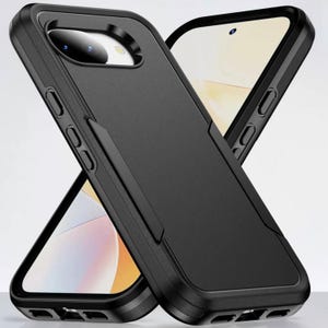 May include: Black protective phone case with a dual-layer design. The case features a matte finish and raised edges for screen and camera protection. The design includes cutouts for buttons and ports, ensuring full functionality. The phone case is shown in a studio setting.