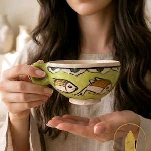 Könnte beinhalten: Eine Keramiktasse mit hellgrüner Glasur, handbemalten Fischmotiven in Gold und Schwarz, einem gewellten Randmuster und einem kleinen Henkel. Der Boden der Tasse ist weiß und die Oberfläche weist eine feine Craquelé-Struktur in der Glasur auf.