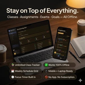 May include: A laptop and smartphone displaying a dark-themed student planner dashboard. Text reads: Stay on Top of Everything. Classes, Assignments, Exams, Goals — All Offline. Features include Unlimited Class Tracker, Weekly Schedule Grid, Focus Timer, Works 100% Offline, Mobile + Laptop Ready, and No App. No Subscription.