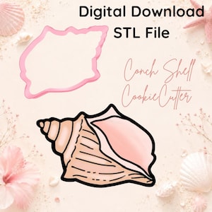 Puede incluir: Imagen de descarga digital con un diseño de cortador de galletas de concha. La imagen incluye un contorno rosa de la forma del cortador de galletas y una ilustración detallada de una concha. El texto dice "Digital Download STL File" y "Conch Shell Cookie Cutter".
