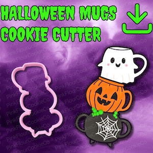 May include: A pink plastic cookie cutter shaped like a stack of three mugs, alongside a graphic illustration of a white ghost mug, an orange jack-o'-lantern mug, and a black spiderweb cauldron mug. The text reads HALLOWEEN MUGS COOKIE CUTTER.