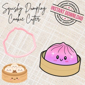 May include: A pink plastic dumpling-shaped cookie cutter, accompanied by a digital illustration of a pink dumpling with a smiling face in a bamboo steamer, and text reading Squishy Dumpling Cookie Cutter and INSTANT DOWNLOAD.